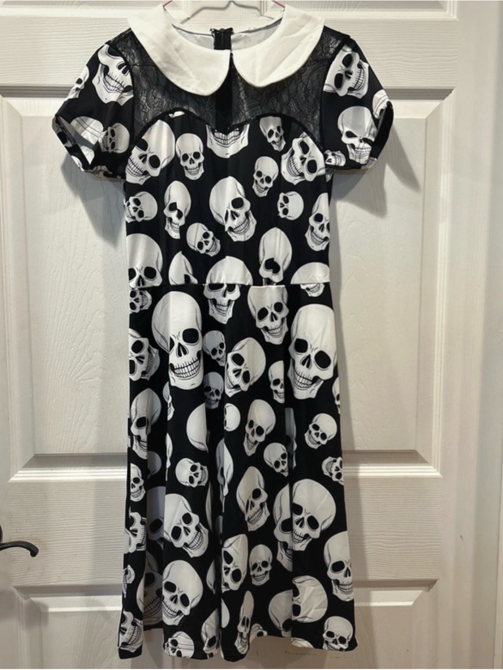 Black & White Skull Print Midi Dress with Peter Pan Collar Halloween Gothic Mod